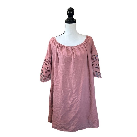 Mittoshop Dusty Rose Mini Tunic Dress 100% Cotton Cutout Lace Sleeves Bohemian L - Picture 1 of 10